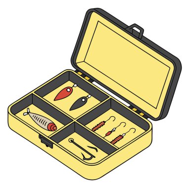 Sarı siyah olta kutusu açık ve yemler şeffaf arka planda izole edilmiş. Yapay zeka üretildi. Vektör simgesi