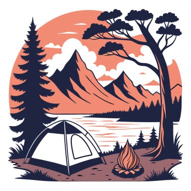 Gün batımında sakin bir gölün yanında çadır. Parlak bir kamp ateşi ve görkemli dağlarla yapay zeka oluşturuldu. Vektör simgesi