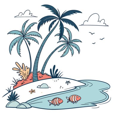 İçinde palmiye ağaçları ve balıklar olan tropikal bir ada. Manzara sakin ve rahatlatıcı. Yapay zeka üretildi. Vektör simgesi