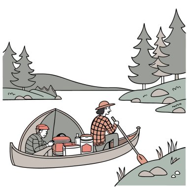 Tekne ve kamp gezisi. Balıkçılık malzemeleri ve malzemelerle birlikte. Birlikte yaratıldı. Yapay zeka üretildi. Vektör simgesi