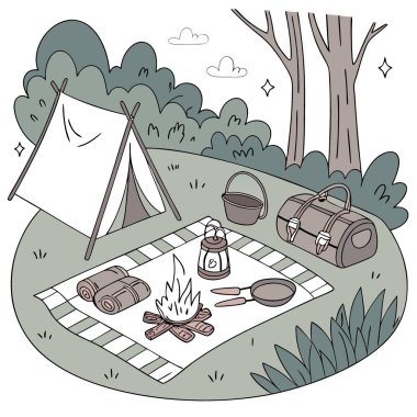 Kamp malzemeleri ateşin etrafına dizilmiş. Yapay zekanın ürettiği kumaş üzerinde alet ve çantalar vardı. Vektör simgesi