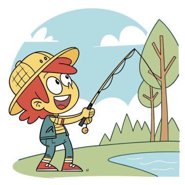 Elinde olta tutan neşeli bir çizgi film karakteri. Yapay zekanın yarattığı bir açık hava macerasına hazır olun. Vektör simgesi