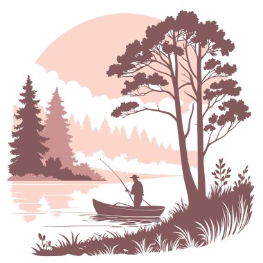 Sakin bir gölde sakin bir şafak balıkçılığı gezisi ve sabahın erken saatlerinde sislerin yükselmesi. Yapay zeka üretildi. Vektör simgesi