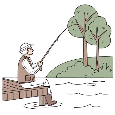 Huzurlu gölde balık tutan emekli bir adam. Yapay zekanın yarattığı doğayla çevrili huzurlu anın tadını çıkarıyor. Vektör simgesi