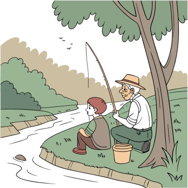 Kaynayan Akarsular ve Bağlanma Anları. Büyükbaba ve torununun Balık Avlama Macerası. Yapay zeka üretildi. Vektör simgesi