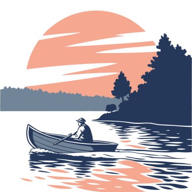 Gün batımında yansıması olan göldeki tekne Yavaş Deklanşör Hareket Bulanıklığı ve Yumuşak Odaklanma 'yı yakalar. Yapay zeka üretildi. Vektör simgesi