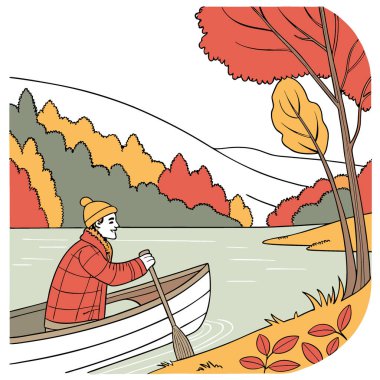 Baba ve kızı nehir boyunca bir motorlu tekne ile seyahat ediyorlar. Sonbahar kıyafetleri içinde yapay zeka üretildi. Vektör simgesi