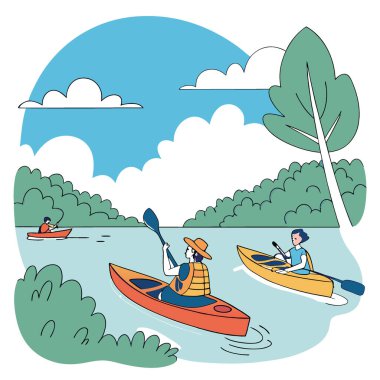 Mutlu insanlar yaz aylarını kanoyla su sporlarında balık tutarak geçirirler. Fotoğraf. Yapay zeka üretildi. Vektör simgesi