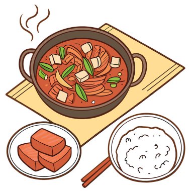 Baharatlı kızartılmış işkembe ve domuz etli tavuk güveç Kore yemekleri geleneksel mutfak tarafları. Yapay zeka üretildi. Vektör simgesi