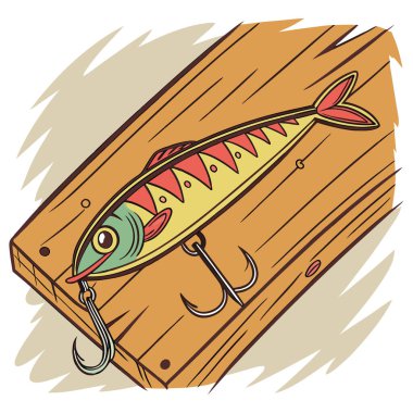 Tahta bir yüzeyde dinlenen bir balık yemi. Yapay zekanın yarattığı canlı renkleri ve tasarımı sergiliyor. Vektör simgesi