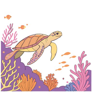 Bir deniz kaplumbağası güneşli okyanus sularının altındaki renkli bir mercan resifinin üzerinde zahmetsizce yüzer. Yapay zeka üretildi. Vektör simgesi