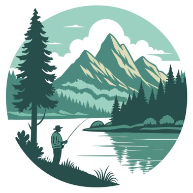 Büyüleyici göl ve dağ manzarası. Yapay zekanın yarattığı yüksek çözünürlüklü balıkçılık macerası fotoğrafçılığı. Vektör simgesi