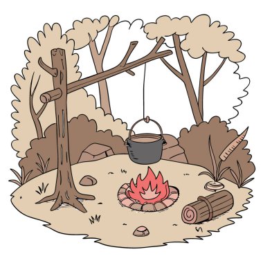 Kamp ateşi, kamp yaparken sıcak kömür ve su kaynatarak vahşi doğada pişiyor. Yapay zeka üretildi. Vektör simgesi