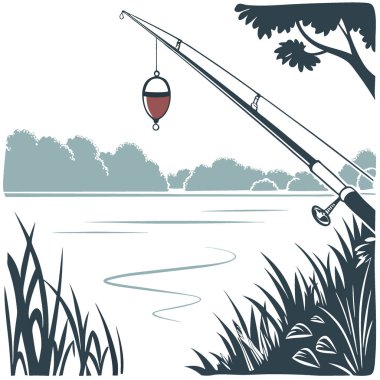 Olta ve oltaya yakın çekim. Bob sakin sularda yüzüyor. Göl. Sakin ol. Sakin ol. Yapay zeka üretildi. Vektör simgesi