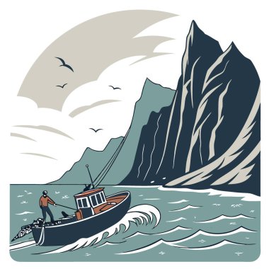Açık Deniz 'de Yengeç Avcılığı Maceraları yoluyla Norveç' in Engebeli Güzelliğini Keşfediyorum. Yapay zeka üretildi. Vektör simgesi