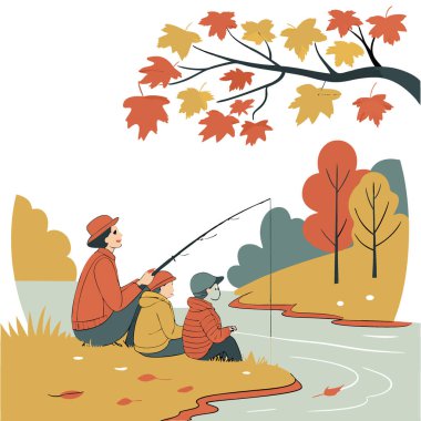 Bulutlu bir günde, sonbahar yapraklarıyla çevrili huzurlu bir derede aile balık tutma gezisi. Yapay zeka üretildi. Vektör simgesi