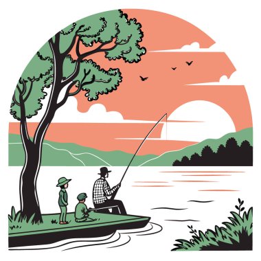 Gün batımında ailesiyle sakin bir göl ortamında huzurlu bir balık avının tadını çıkarıyorum. - Evet. Yapay zeka üretildi. Vektör simgesi