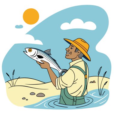 Balıkçı sığ suyun üzerinde kemik balığı tutuyor. Güneşli bir günde avını sergiliyor. Yapay zeka üretildi. Vektör simgesi