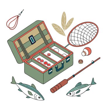 Alet çantası da dahil olmak üzere balıkçılık malzemeleri. Yemler. Balık. Ve yapay zekanın ürettiği balıkçılık aletleri. Vektör simgesi