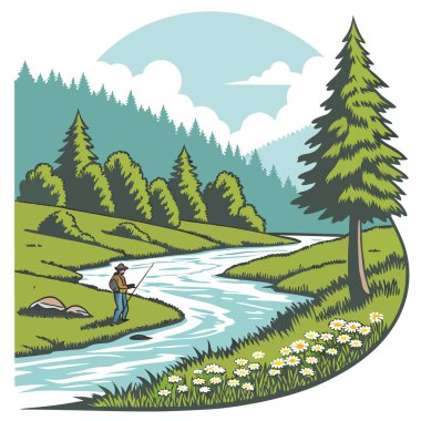 Berrak Orman ve Açık Mavi Gökyüzü ile çevrili Serene Nehri 'nde Alabalık Avlama. Yapay zeka üretildi. Vektör simgesi