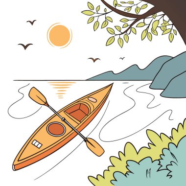 Tertemiz turuncu kano pırıl pırıl sularda maceraya hazır. Güneşli bir hava. Yapay zeka üretildi. Vektör simgesi