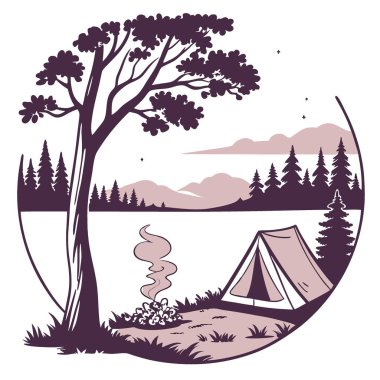 Huzurlu bir göl kenarında çadır. Kamp ateşi ve suya yansıyan ağaçların olduğu alacakaranlık sahnesi yapay zeka oluşturdu. Vektör simgesi