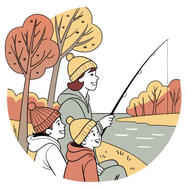 Üç kişilik mutlu bir aile. Sonbahar takkeleri takıyor. Yapay zekanın oluşturduğu nehir kıyısında birlikte balık avlıyorlar. Vektör simgesi