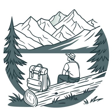 Göl manzaralı ve karlı dağlara bakan bir kütüğe oturmuş macera gezileri. Yapay zeka üretildi. Vektör simgesi