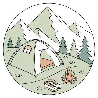 Kamp ve yürüyüş, kampı gösteren bir illüstrasyon hazırladı. kit. Fire Mountain şişe ayakkabıları. Yapay zeka üretildi. Vektör simgesi
