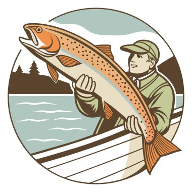 Teknede bir balıkçı tarafından tutulan taze bir balığın yakın çekimi. Balık tutmak. Göl. Alabalık. Yapay zeka üretildi. Vektör simgesi