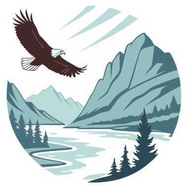 Kartal temiz göl üzerinde uçuyor dingin kayalık dağ manzarası ve vahşi yaşam güzelliği. Yapay zeka üretildi. Vektör simgesi
