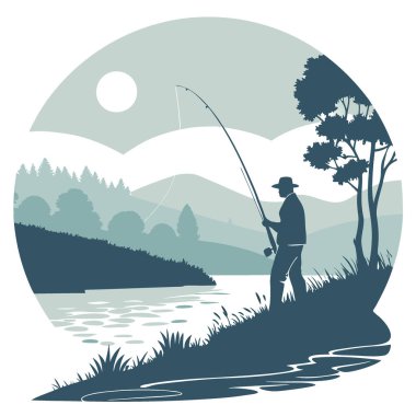 Bokeh 'in Huzurlu Peyzaj ve Doğa Fotoğrafçılığı Etkisi ile Şafakta Erken Balıkçılık. Yapay zeka üretildi. Vektör simgesi