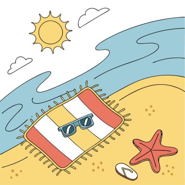 Deniz yıldızlı sahile kurulmuş. Renkli havlu. ve parlak güneş ışığı altında güneş gözlüğü. Yapay zeka üretildi. Vektör simgesi