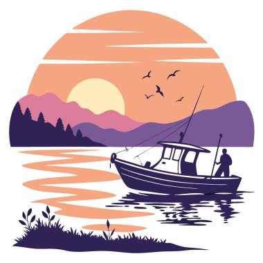 Alacakaranlıktaki Sakin Suların Üzerinde Renkli Bir Günbatımına Karşı Bir Balıkçı Teknesinin Huzurlu Silueti. Yapay zeka üretildi. Vektör simgesi