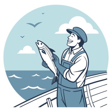 Açık Gökler Altında Bir Derin Deniz Balık Avında Taze Balığı Tutan Gülümseyen Adam. Yapay zeka üretildi. Vektör simgesi