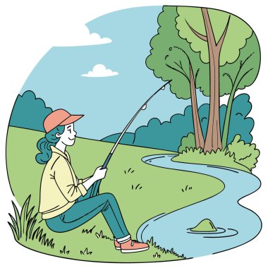 Genç kadın yemyeşil sularla çevrili sakin bir nehirde huzurlu bir balık avının tadını çıkarıyor. Yapay zeka üretildi. Vektör simgesi