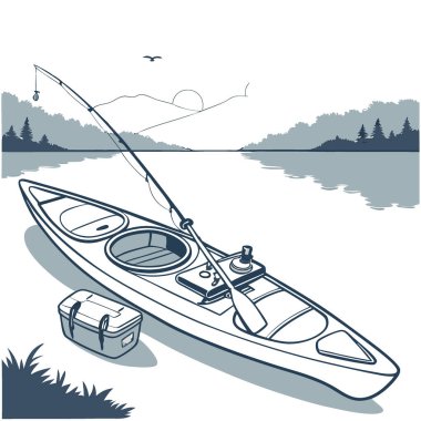 Balıkçılık malzemeleriyle donatılmış bir kano sakin sularda balık tutma günü bekliyor. Yapay zeka üretildi. Vektör simgesi