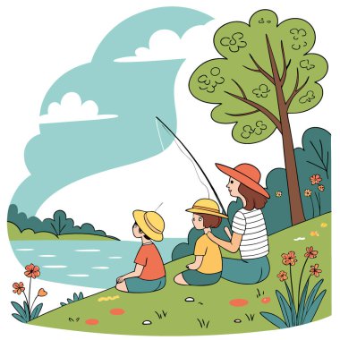 Genç bir aile gölde balık tutuyor. Yılın yaz zamanı. Yapay zekanın yarattığı bir reklam afişi. Vektör simgesi