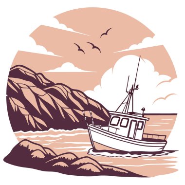 Güneş doğarken balıkçı teknesi kayalık kıyı şeridinde heyecanlı bir gün için hazırlanıyor. Yapay zeka üretildi. Vektör simgesi