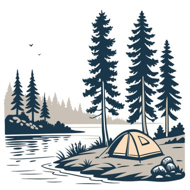 Etrafı çam ağaçları ve çıtırdayan bir ateşle çevrili sakin bir göl kenarında rahat bir kamp alanı. Yapay zeka üretildi. Vektör simgesi
