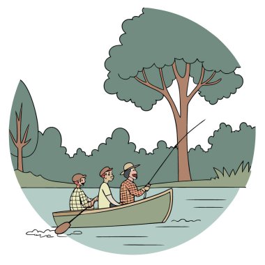 Bir grup arkadaş küçük bir tekneden balık tutmaya gider. Yapay zekanın yarattığı dingin suyun ve doğanın tadını çıkarıyor. Vektör simgesi