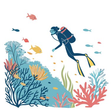 Bir dalgıç, sakin bir sualtı macerası sırasında canlı bir mercan resifinin derinliklerini keşfeder. Yapay zeka üretildi. Vektör simgesi