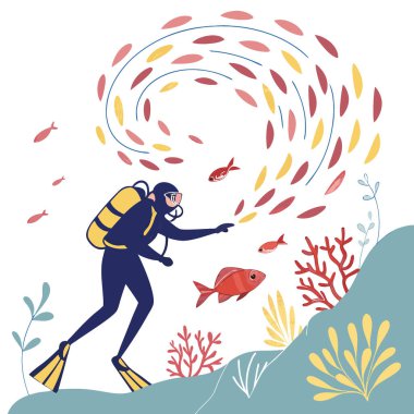 Dalgıç teçhizat giyiyor. Yapay zekanın yarattığı canlı bir sualtı çekiminde dönen bir balık sürüsüyle karşılaşmak. Vektör simgesi