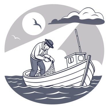 Balıkçı, denizdeki bir teknede ağlarını onarıyor. Başka bir balık avlama macerasına hazır ol. Yapay zeka üretildi. Vektör simgesi