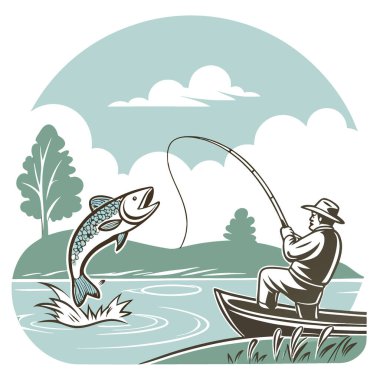 Güzel bir günde Serene Gölü veya Nehrinde Dev Bir Balık Yakalama Anı. Yapay zeka üretildi. Vektör simgesi