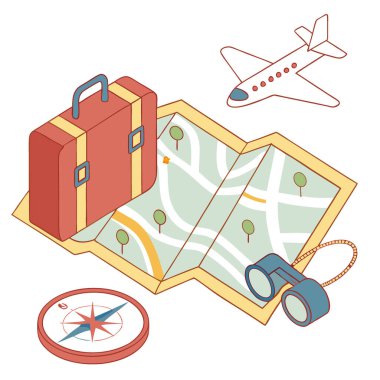 Beyaz Arkaplanda 3 boyutlu harita simgesi ile Clipart eğlence zamanı tatil illüstrasyonları. Yapay zeka üretildi. Vektör simgesi