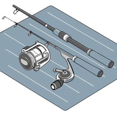 Dokulu mavi bir yüzeye yerleştirilmiş olta ve makaralar gün için hazırlandı. Yapay zeka üretildi. Vektör simgesi