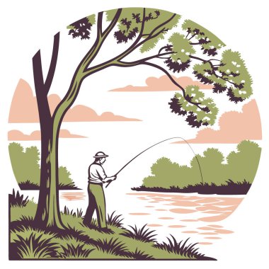 Sükunet Balıkçısı, Sunrise 'da Lush Yeşillik ile çevrili Serene Gölü' ne bir hat çekiyor. Yapay zeka üretildi. Vektör simgesi