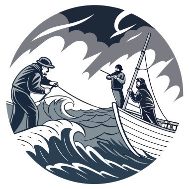 Dalgalı denizlerle savaşan bir gemide balıkçılar. Denizcilik işlerinin zorluklarını gösteriyor. Yapay zeka üretildi. Vektör simgesi