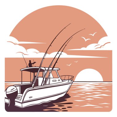 Gün batımında bir balıkçı teknesinden sakin bir manzara. Yapay zekanın ürettiği balık tutma çubukları ve sakin okyanus suları sergileniyor. Vektör simgesi